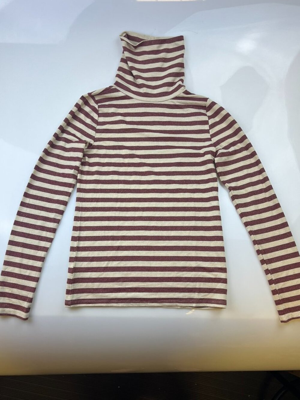 LOFT Maroon and Cream Shimmer Metallic Striped Stretch Turtleneck Top N255-56
